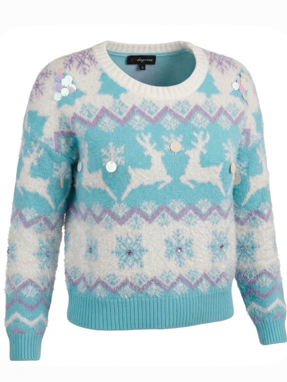 33 DEGREES Reindeer Graphic Sweater, Women’s 2X, Blue White Purple